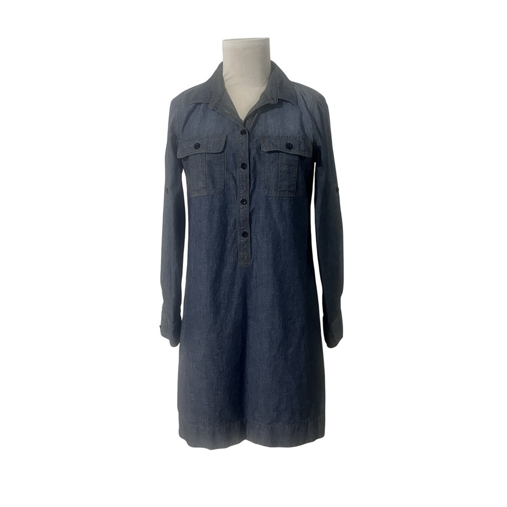 J.Crew Women's Blue Denim Chambray Shirt Dress Roll Tab Sleeve Size Small Preppy
